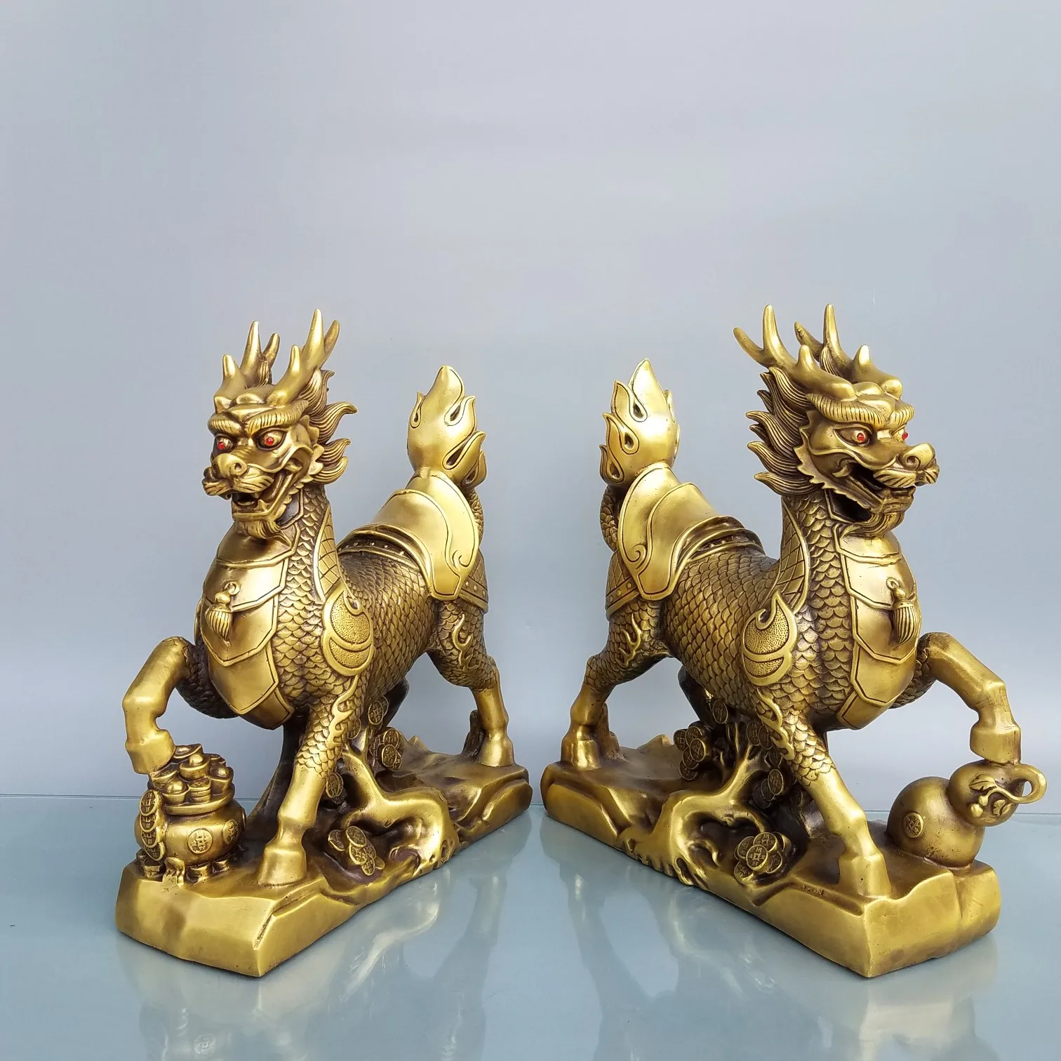 

13" Tibetan Temple Collection Bronze treasure bowl Unicorn statue A pair Benevolent beast Dragon head lion Town House Exorcism