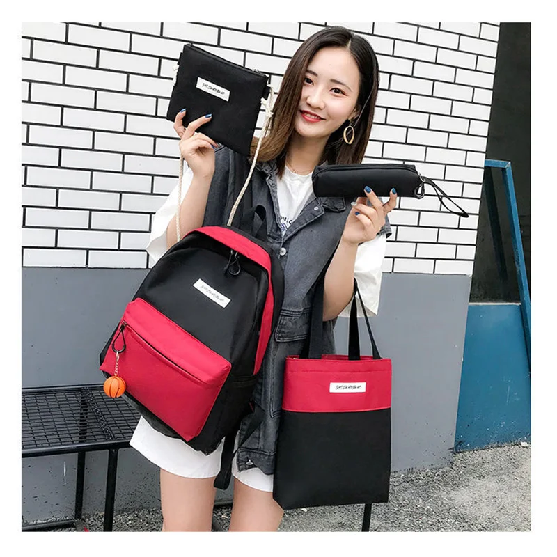 

4pcs/set Green Backpack Women 2019 New Canvas Bags Student School Bags Panelled Functional Casual Preppy Style Large Capacity