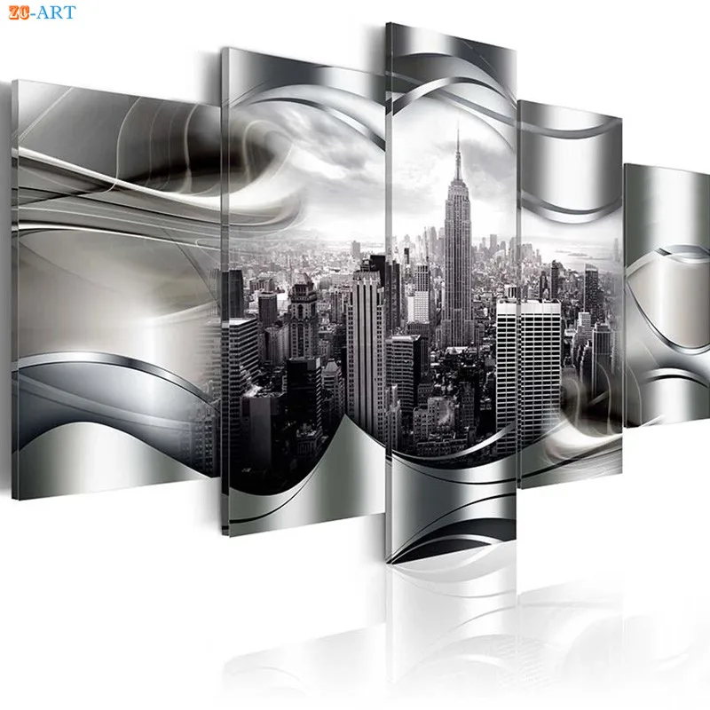 Печатный плакат с изображением города Нью Йорка 5 панелей на холсте модульные