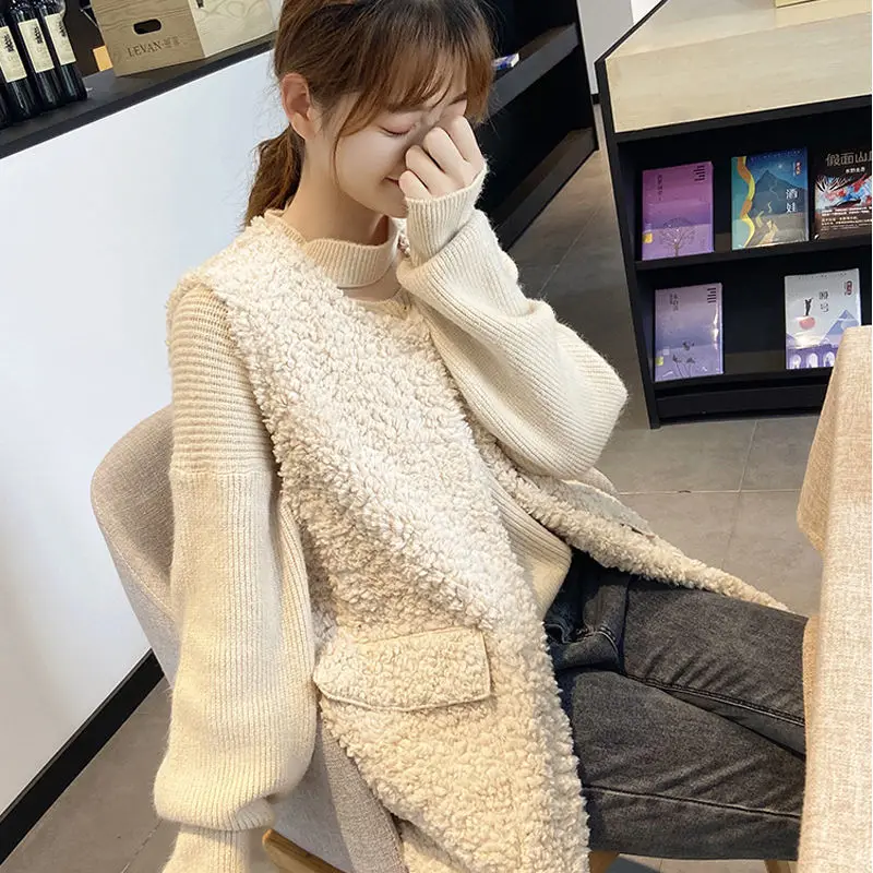 

Fashoin Winter Imitation Lambs Wool Vest Jacket Women Solid Warm Turn-down Collar Long Waistcoat Sleeveless Gilet Femme Y66