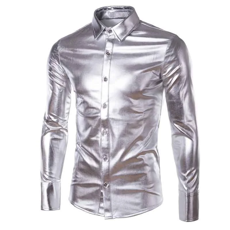 

Gold Silver Shiny Leather Coating Shirt Men Clubwear Fashion Long Sleeve Top Button Up Punk Style Hip Hop Plus Size Shirt Xxxl