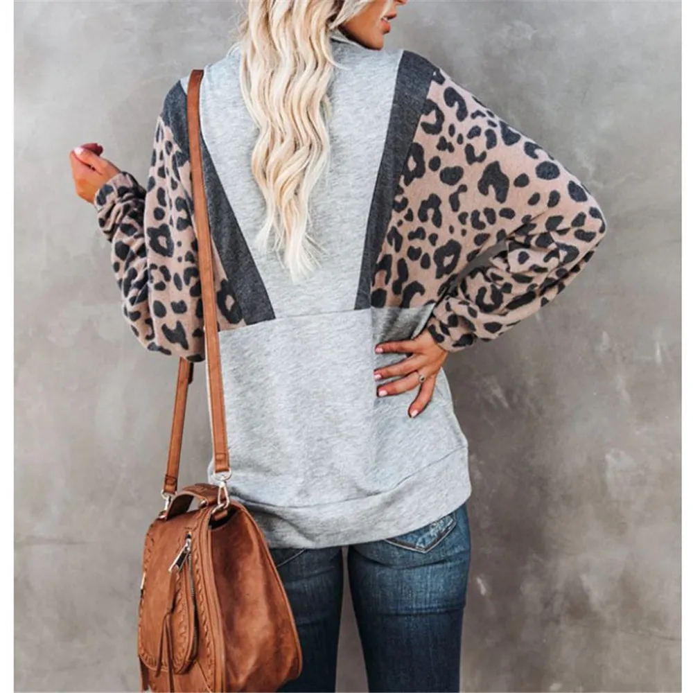

Oversized Hoodies For Womens Leopard Printed Panelled Loose Half Zip Neck Sweatshirt Casual Spring Autumn Female Clothing