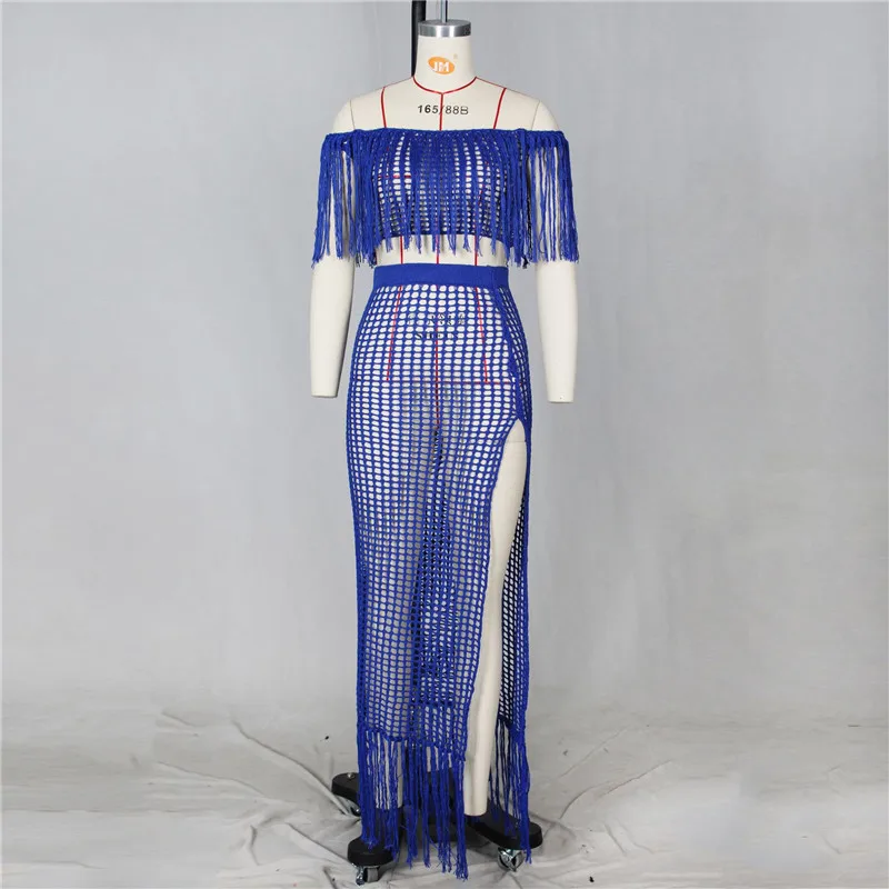 Ажурный вязаный комплект из 2 предметов с кисточками летнее пляжное платье