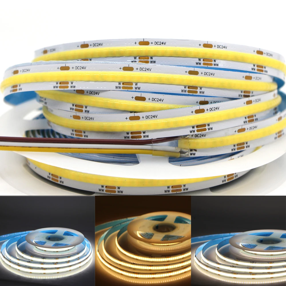 

FOB CCT LED Strip COB Warm Cool White Linear Lights Flexible LED Tape Ribbon 608LEDs/m RA90 DC 12V 24V room Decor Wall Dimmable