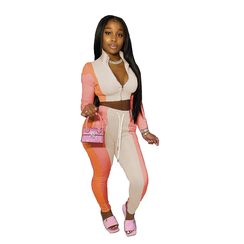 

2 Piece Sets Womens Outfits Patchwork Pants and Top Long Sleeve Jacket Patchwork Casual Joggers Tracksuit Wholesale Dropshipping