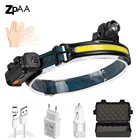 Светодиодный налобный фонарь COB с мини-датчиком, фонарь для рыбалки, велоспорта, уличная лампа с зарядкой по USB, мощный светильник с зумом