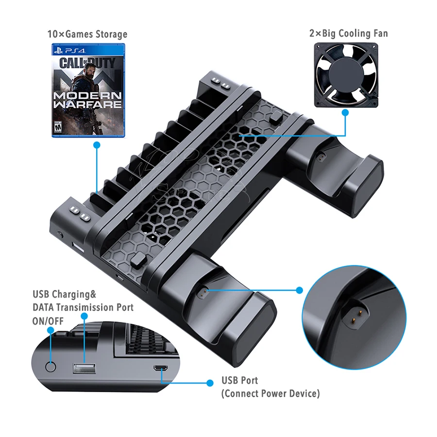 

PS4/ PS4 Pro/ PS4 Slim Console Vertical Cooling Stand Controller Charging Base 2 Cooler 10 Games Storage for Sony Playstation 4
