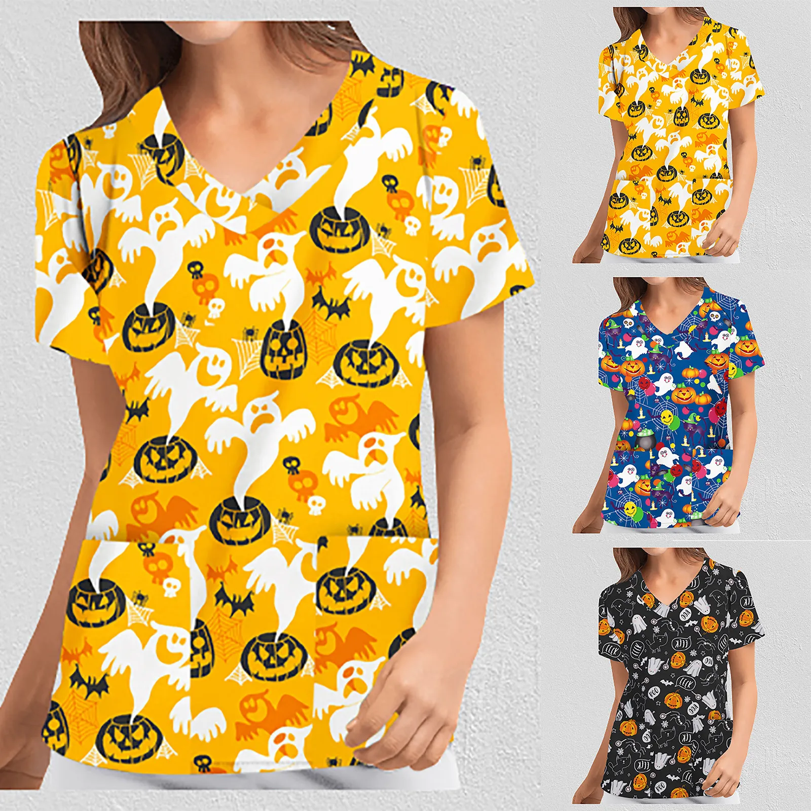 

Nurse Uniform Women Clothes Short Sleeve V-neck Tops Working Uniform Halloween Pumpkin Printed Pocket Blouse nursing top