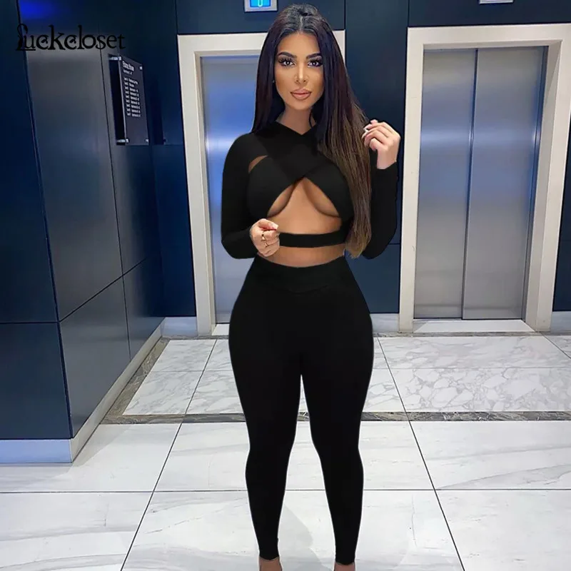

Women Solid Color Two Piece Set Sexy Cross Wrap Crop Top And Pencil Pants Set Bandage Skinny Nightclub Bodycon S Piece Set