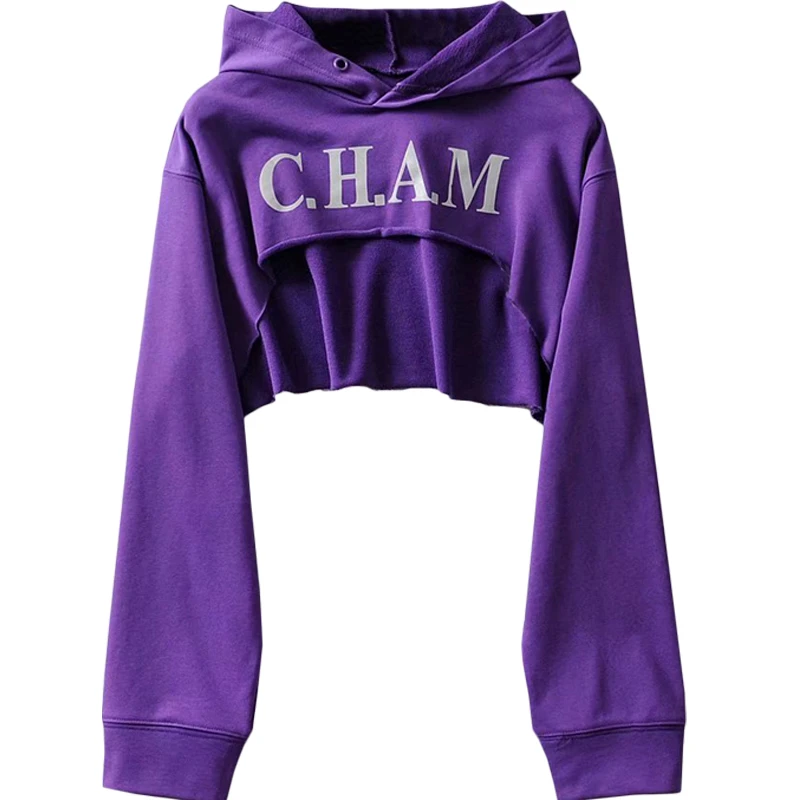 

Street Fashion Loose Sweater High Waist Sexy Frayed Small Blouse Letter Printed Hooded Cool Girl Short Sweater