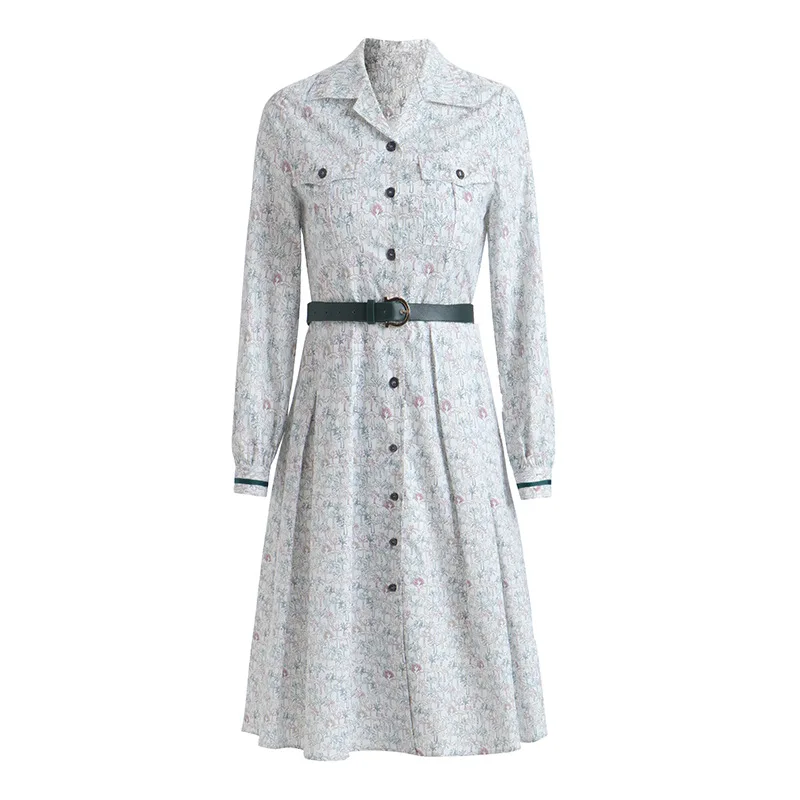 

Women floral print elegant shirt dress spring summer 2021 turn down collar long sleeve a-line single breasted belted dresses