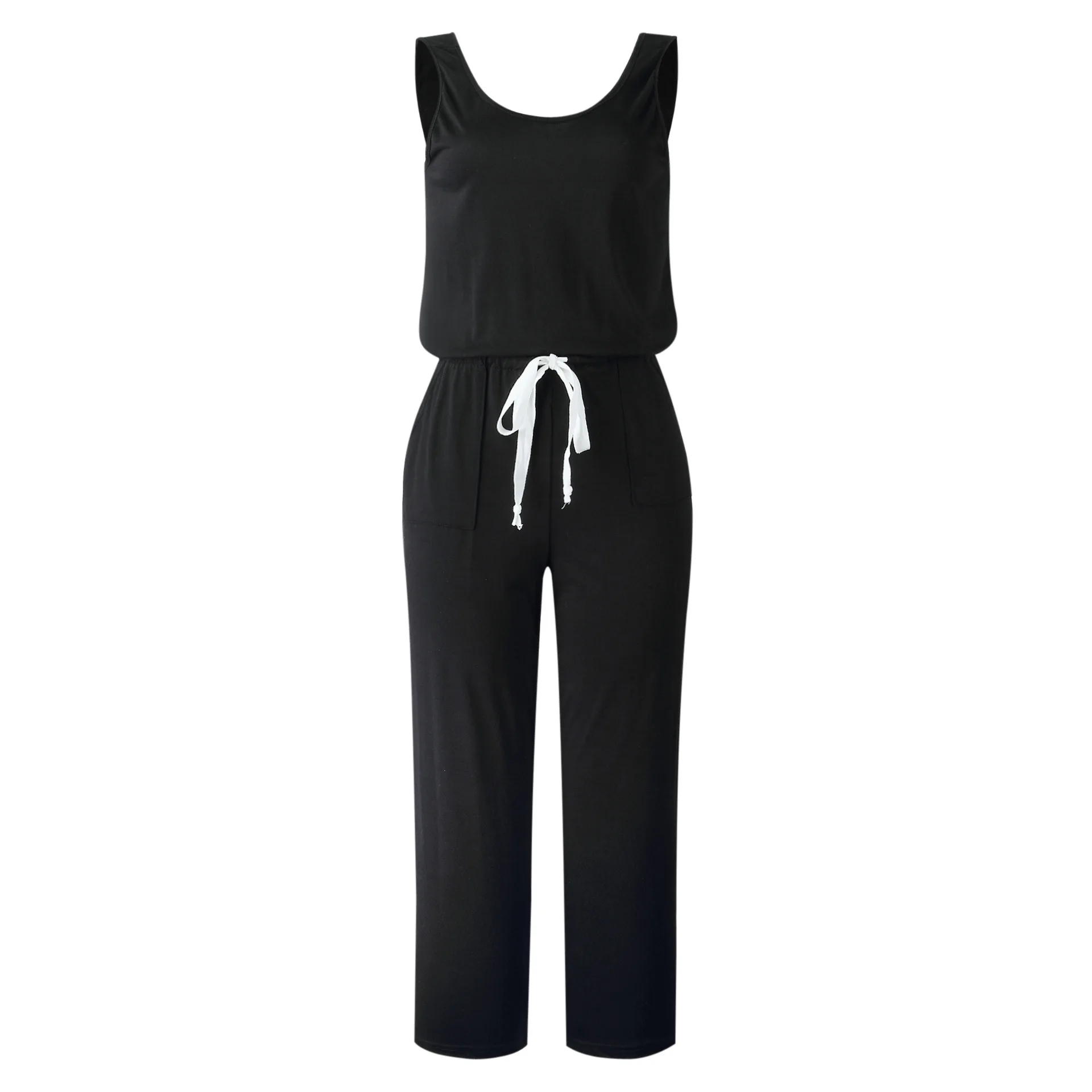 

Women Summer Overalls elegant Jumpsuit O Neck Sleeveless Lace Up Elastic Waist Pocket Female Straight Lady Wide-leg Tank Romper