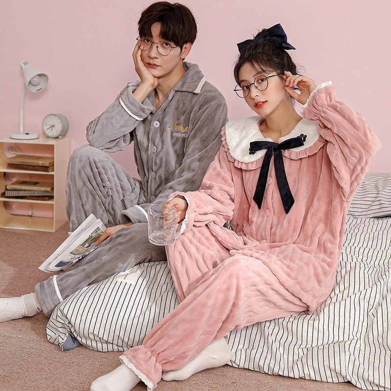 

Autumn Winter Warm Pajamas Set Lovers Thicken Pyjamas Flannel Flower Women Sleepwear Long Sleeve Shirt&Pant Men Casual Home Wear