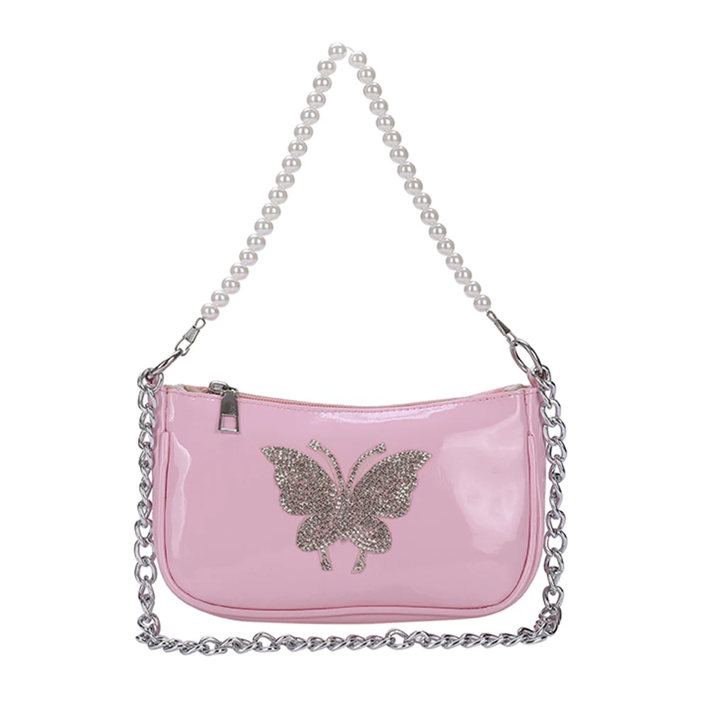 

Women Rhinestone Bags Butterfly Shoulder Underarm Fashion PU Pearl Mini Handbags Vintage Underarm Top Mini Handle Bag