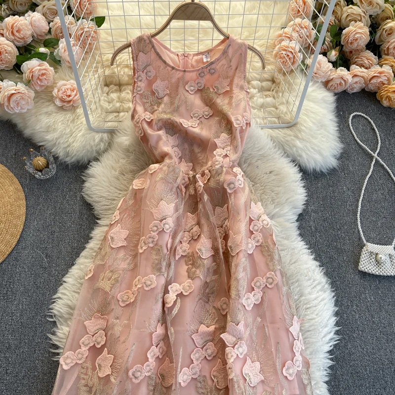 

Three-dimensional flower dress 2021 new round collar sleeveless accept waist thin French fairy elegant dress dress