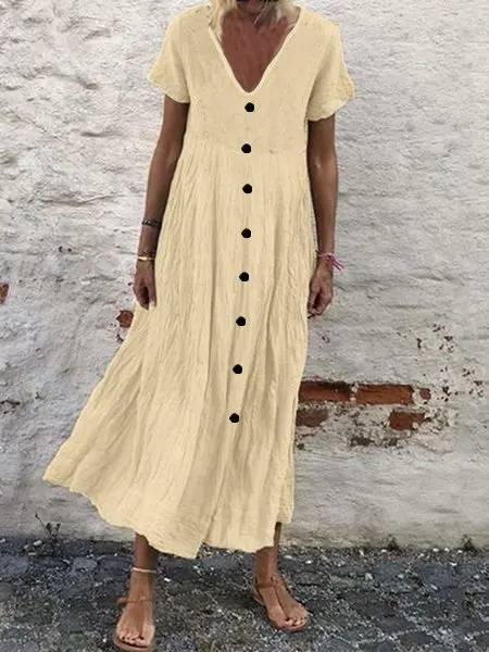 

2021 summer new style cotton and linen V-neck button retro solid color short-sleeved sleeve dress