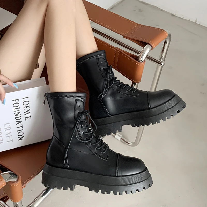 

COZOK Fashion Black PU Leather Platform Boots Women Autumn Winter Lace Up Chunky Ankle Boots Woman Thick Sole Motorcycle Botas