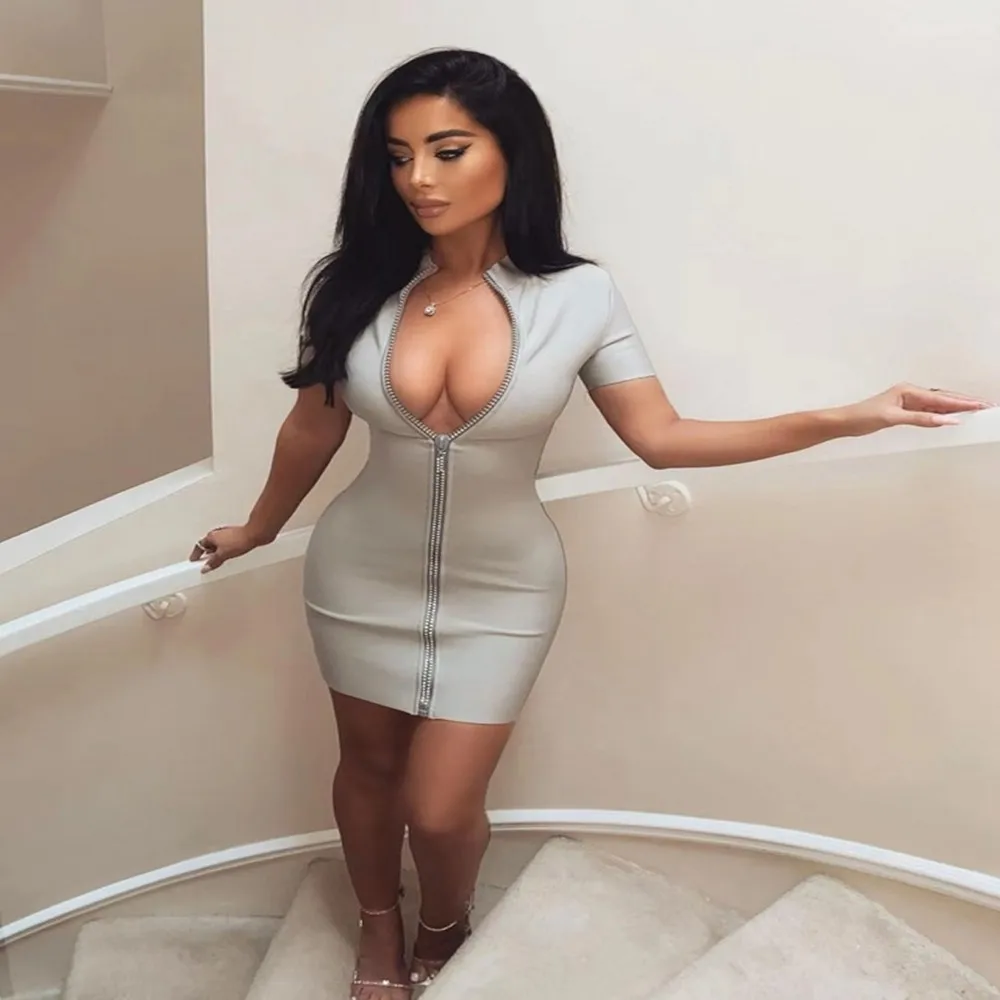 

Grey Black Color Women's Short Sleeve Sexy Front Zipper Bandage Bodycon Mini Dress Club Night Party Celebrate Dress Vestido