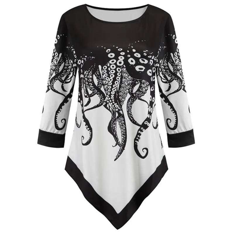 

2020 Autumn 5xl Top Plus Size Women Print Blouse Shirt O-neck 3/4 Sleeve Irregular Hem Casual Loose Ladies Shirts Female Tops