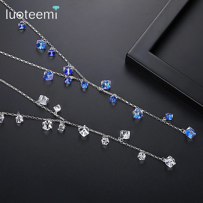 

LUOTEEMI Long Blue White Water Cube Necklace for Women Crystal Transparent Dressing Accessories Christmas Friendship Gifts