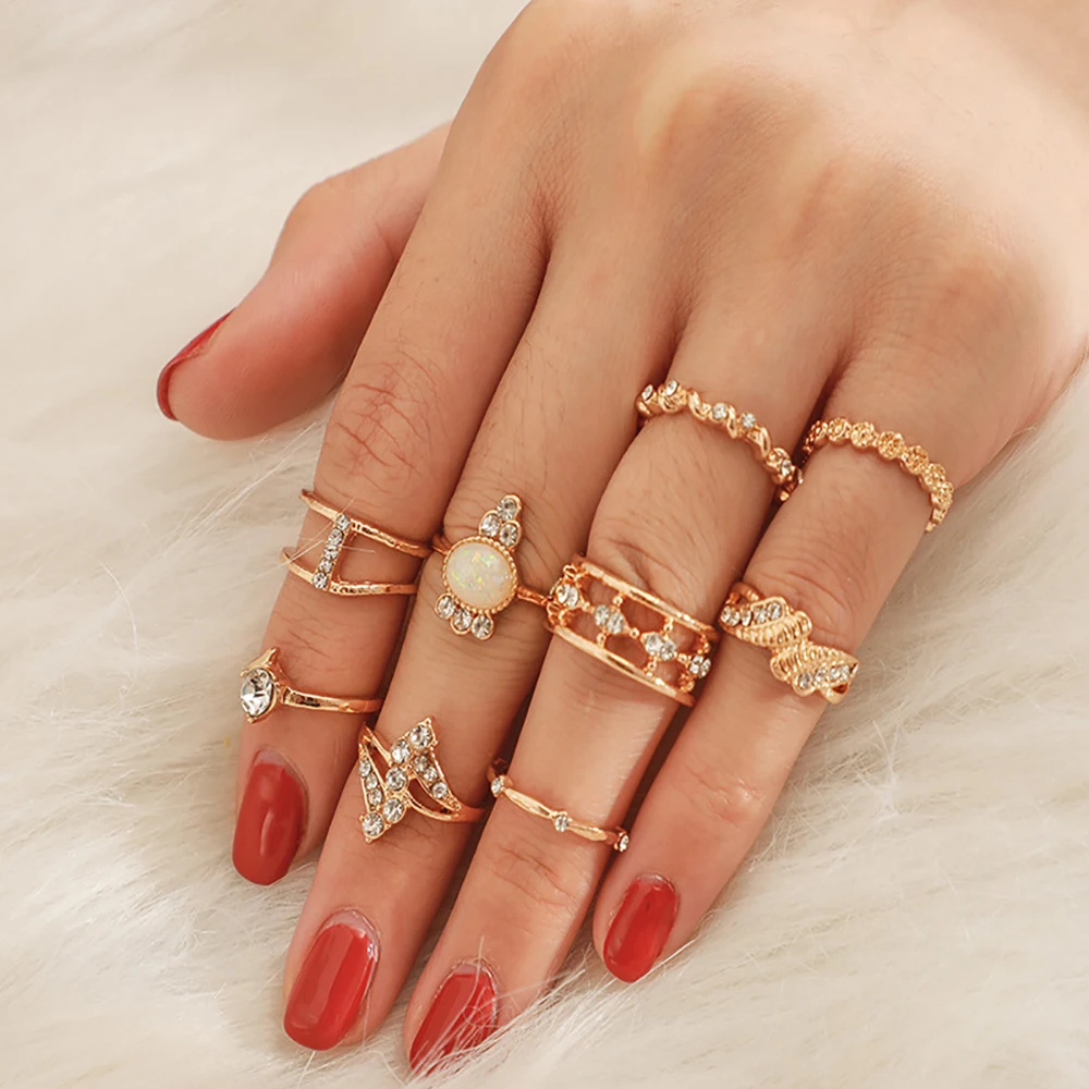 Женский комплект колец в стиле бохо винтажный золотого цвета с короной и