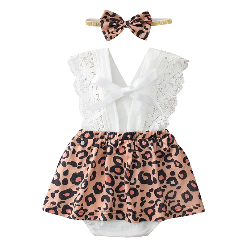 

2021 Summer Newborn Baby Girl Clothing Cotton One-piece Fashion Leopard Jumpsuit Bodysuit Headband 2Pcs Infant Girls Clothes