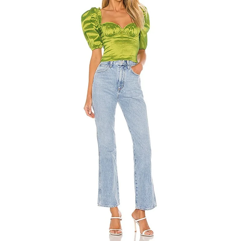 

Summer Green Vintage Puff Sleeve Sexy T-shirts Women 2021 Party Club Cropped Tops Fashion Slim Fit Short Streetwear Elegant Tees