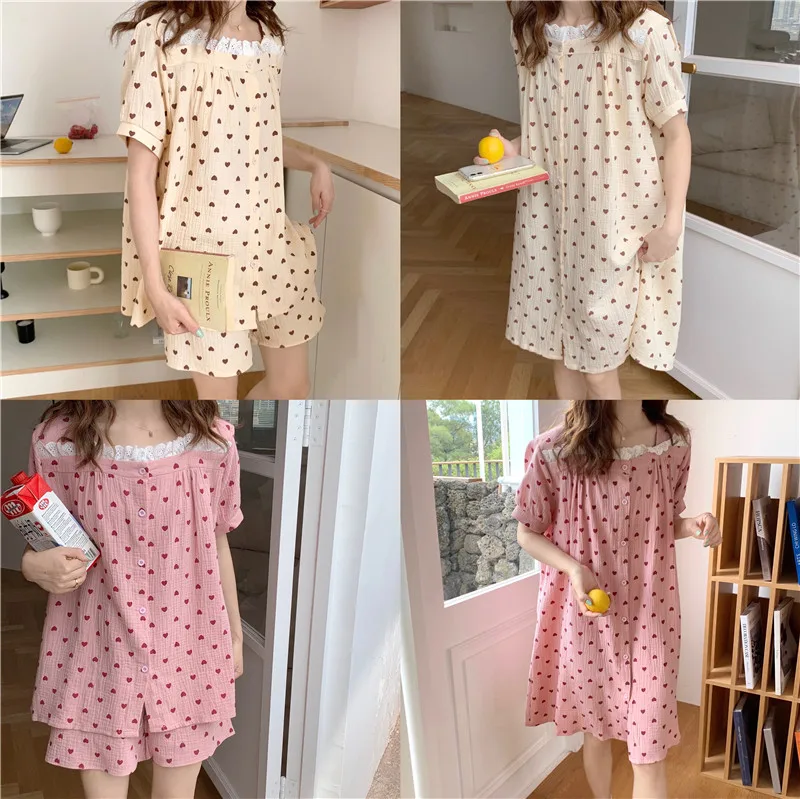

Kawaii летняя Ночная рубашка в форме сердца, Женская Хлопковая пижама с квадратным воротником и коротким рукавом, однобортная ночная рубашка д...