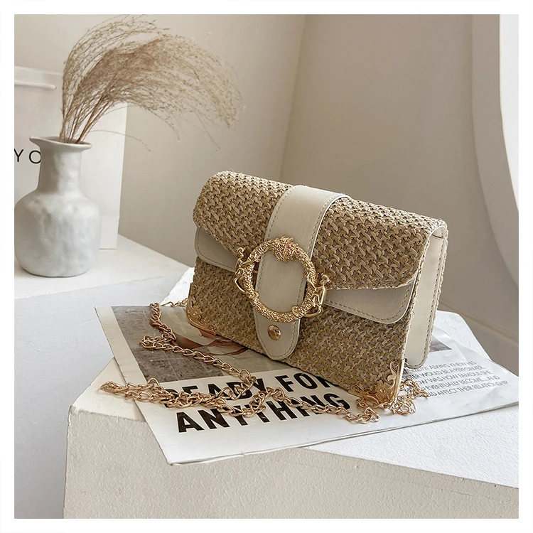 

Summer fashion handbags, ladies go shopping and leisure one-shoulder metal chain shoulder strap backpack bohemian style straw vi