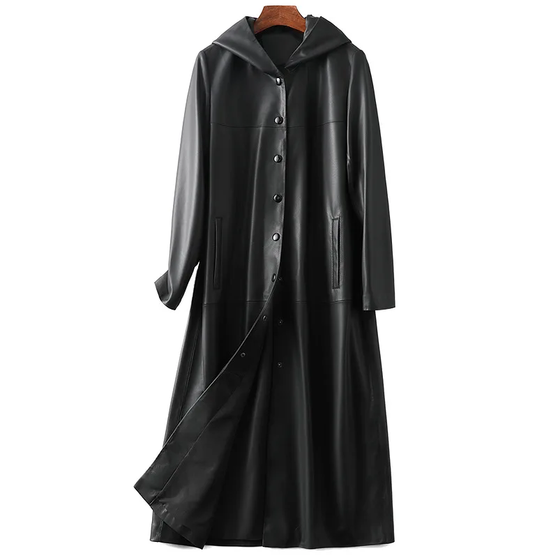 2021 Spring Black Hooded High Quality Sheepskin Coat Women's New Genuine  Leather Jacket Long Simple Single Breasted Windbreaker