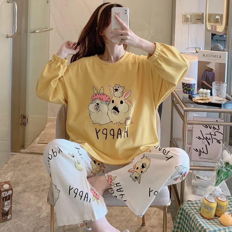 

Cartoon Pajama Set Plus Size XXXL Spring Nightgown Women Sleepwear Loose Version Cotton Princess Style Pullover Pajamas