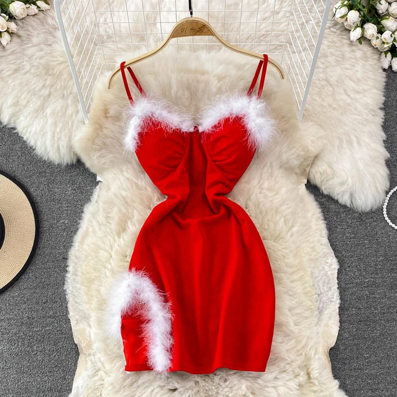 

Sexy Christmas nightclub low-cut back bottoming hip bag dressed for tight-fitting female furry miniskirt stylish dress