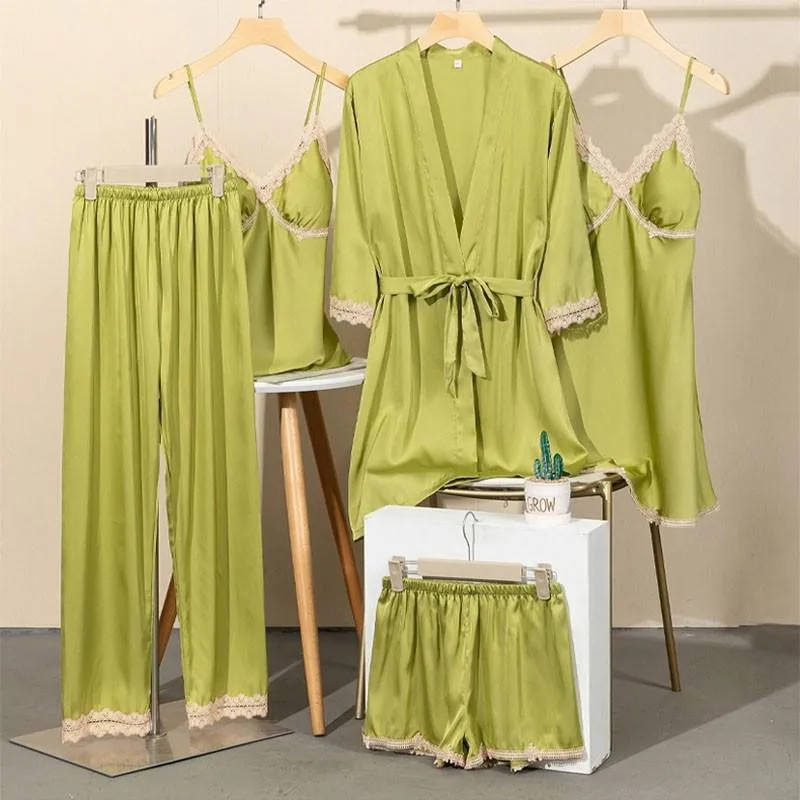 

5PCS PJS Sexy Lace Sleepwear Women Satin Kimono Gown Femme Pijamas Suit Elastic Waist Nightwear Pyjamas Pour With Chest Pads