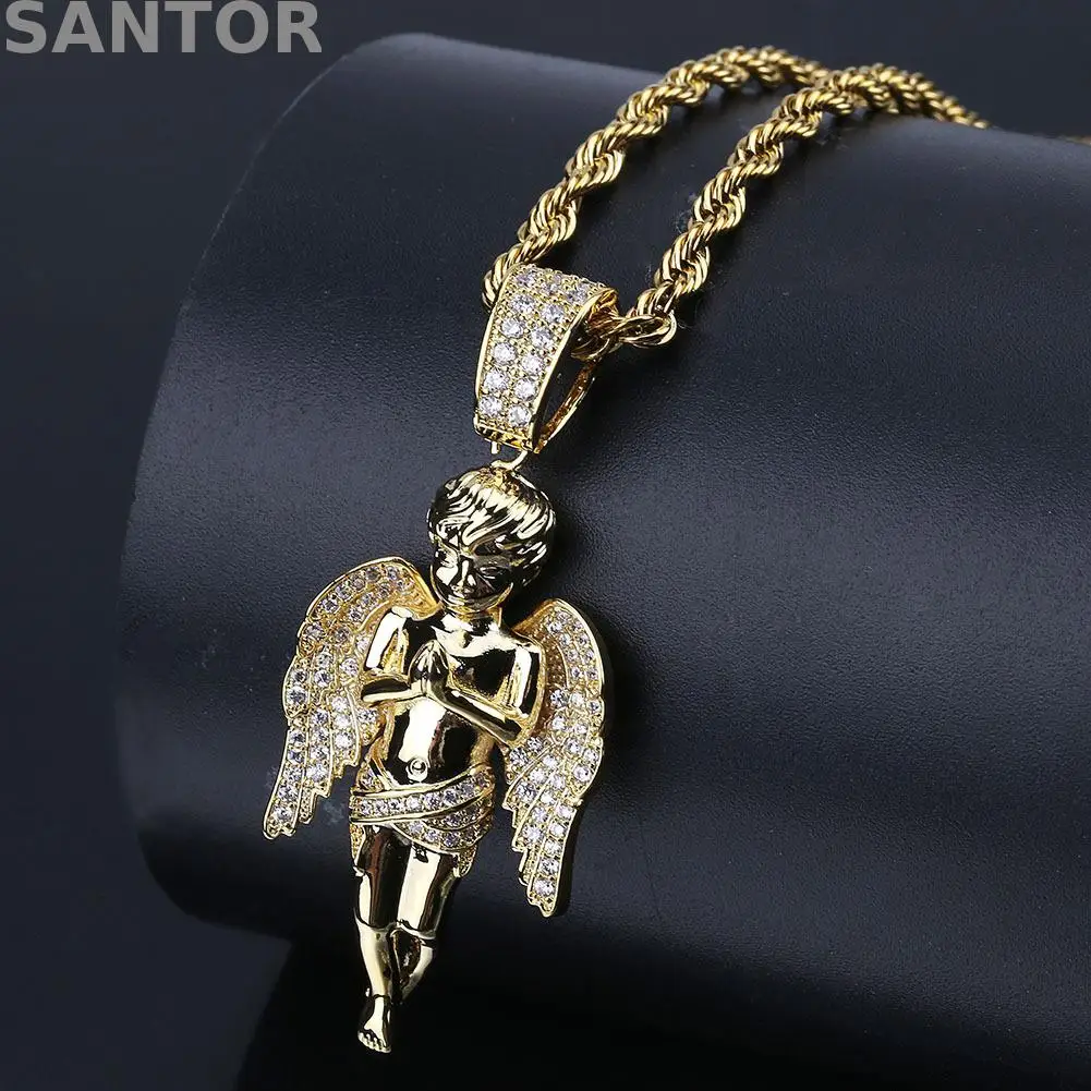 

Hip Hop Pendant Necklace Men Angel Pendant Gold-plated Ice Out CZ Cubic Zircon Hip Hop Punk Men's Necklace