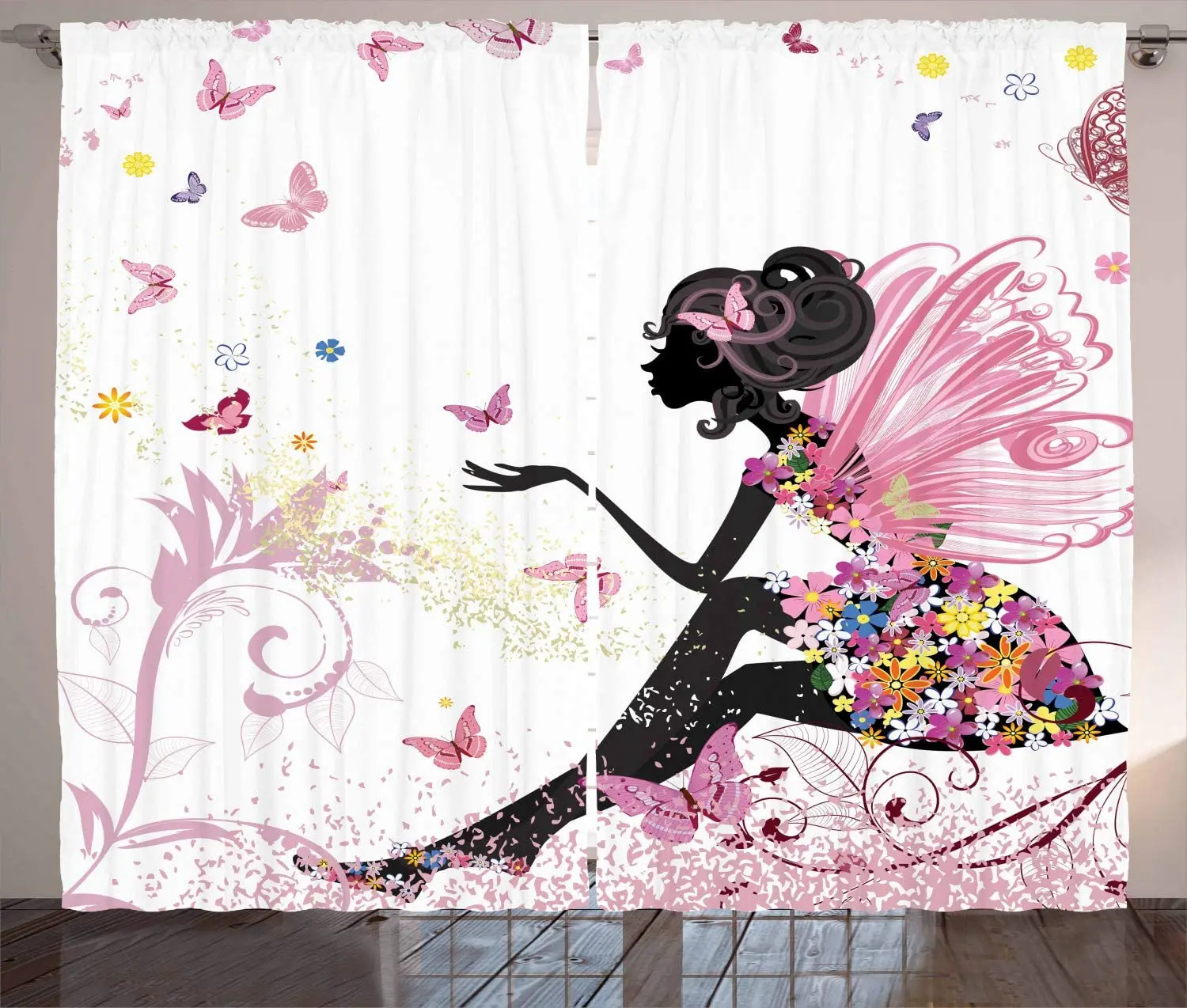 

Curtains Pink Butterfly Girl with Flowers Art Curtains Bedroom Living Room Kitchen Decoration Curtains