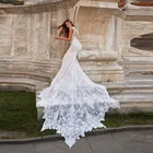 Оптовая продажа, элегантные кружевные свадебные платья русалки без рукавов, v-образный вырез, иллюзия сзади, свадебные платья для невесты, аппликация