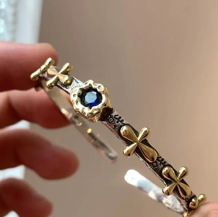 

New s925 graffiti cross ring for women ins unique design retro blue gem gorgeous opening cuff bracelet jewelry set