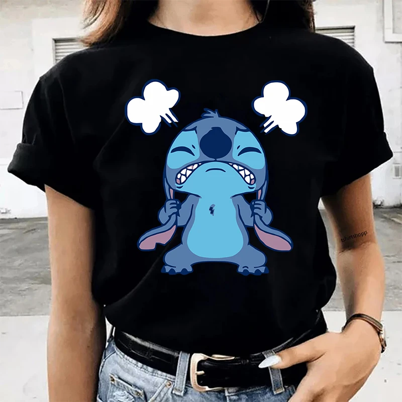 Camiseta de Disney para mujer, ropa holgada informal de manga corta con cuello redondo para estudiantes, Camiseta con estampado de Lilo & Stitch para mujer