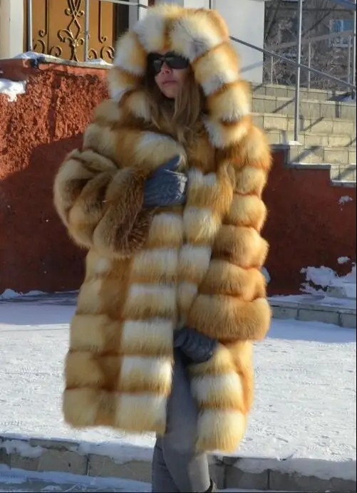 Length 90cm Роскошная зимняя шуба из натурального Лисьего меха, женская меховая куртка из натуральной кожи с капюшоном, шуба из красной лисы для женщин, FC-175 - Цвет: Length 90cm