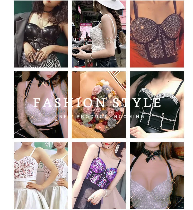 

Sale Women Sexy Designer Beading Denim Diamonds Crystal Cotton Camisole Tops Summer High Street Punk Style Short Camis Crop Tops