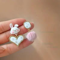 s925 needle cute jewelry asymmetric rabbit earrings 2021 new trend simulated pearl artificial hairball drop earrings for girl