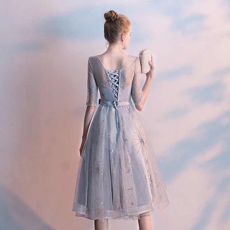 Elegant Light Blue Patchwork Mesh Dress Star Sequins Cheongsam Formal Party Gowns Female Embroidery Sexy Chinese Dress Qipao