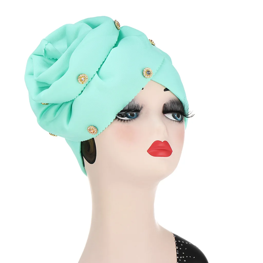 

Big Flower Women's Turban Caps Diamonds Headscarf Muslim Wrap Head Hat Islam Headwear Clothing Turbante Mujer African Hat