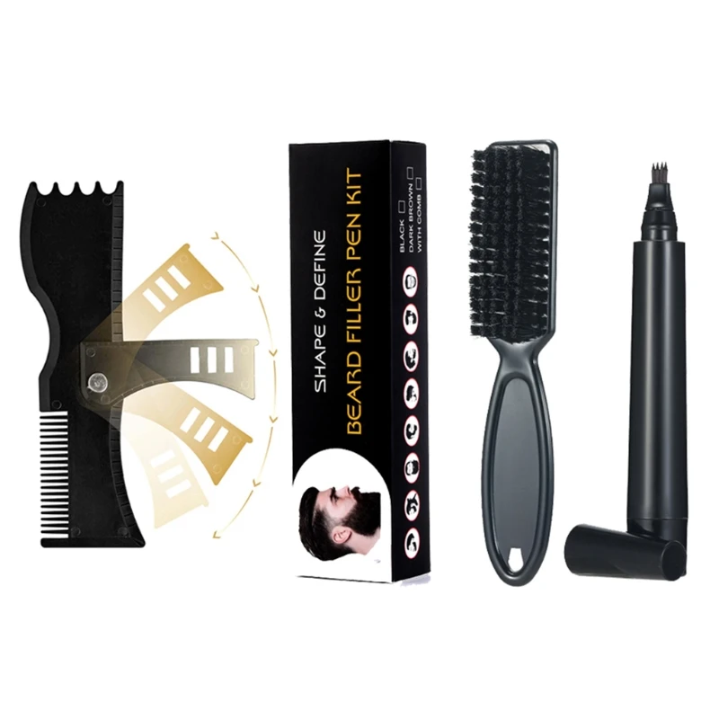 

Waterproof 4 Fork Tips Beard Shaper Shaping Pen Filler Styling Brush Scissors Set for Men Sweatproof Mustache Enhance Tool