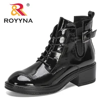 royyna 2022 new designers fashion patent leather boots women winter warm lace up ankle boots woman high quality high top boots