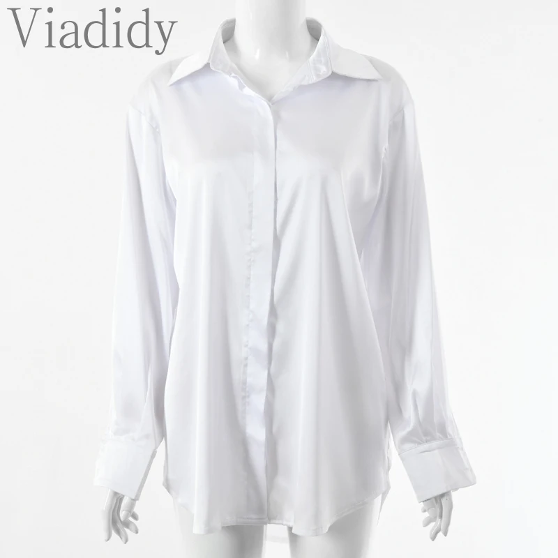 

2021 Women Casual Solid Color Satin Blouse Loose Lapel Long-sleeved Single-breasted Top