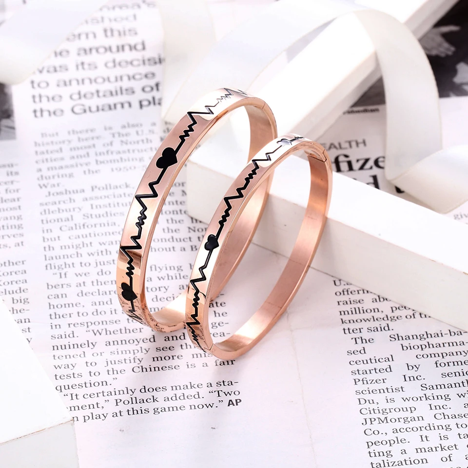 

New Couple Love Bangles Cardiogram And Heart Rose Gold Bracelet & Bangle High Quality Stainless Steel Jewelry Lover Holiday Gift
