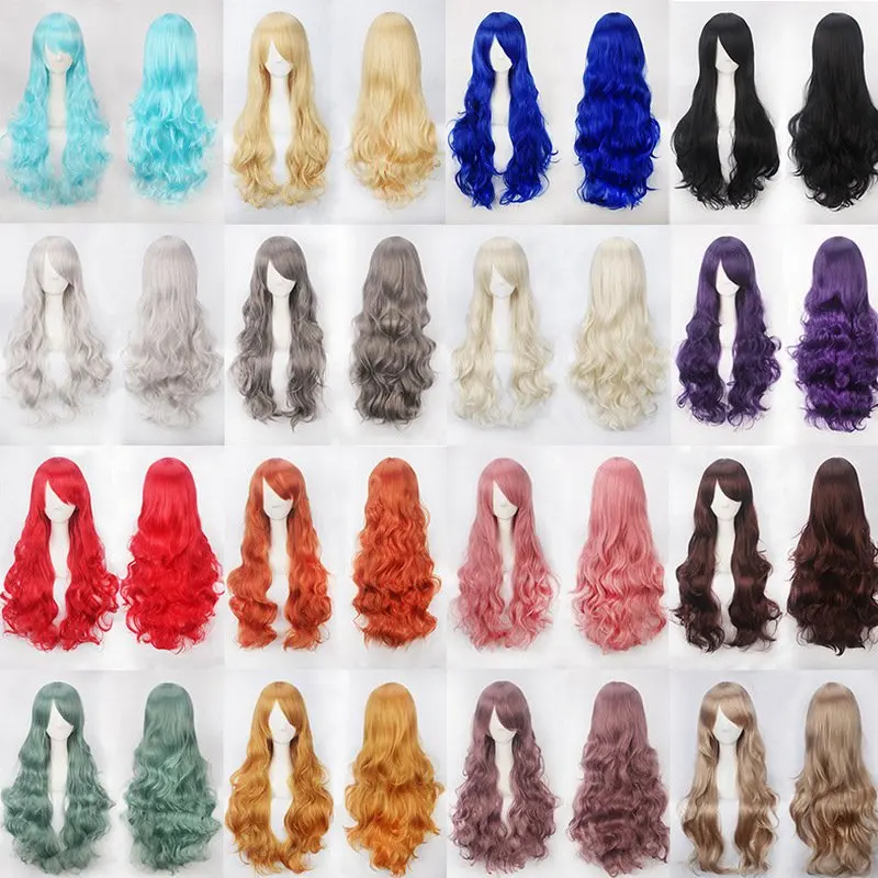 

31.5“ Women Long Wave Wigs Black Brown Blue Halloween Party Cosplay Wigs Heat Resistant Synthetic Hair + Net Cap
