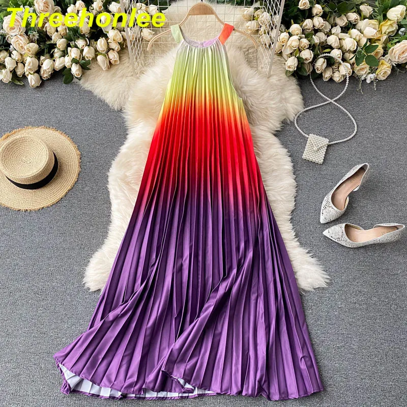 

Casual Beach Dress Women Long Sexy O-neck Halter Rainbow Color Gradient Pleated Oversize Dresses Summer Ladies Vacation Vestido