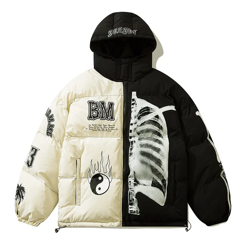 Mens Winter Hooded Parka Jacket Yin Yang Skeleton Print Streetwear Oversized Coat Harajuku Loose Thick Warm Outwear Unisex 2021